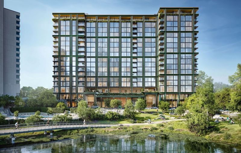 One Lady Bird Lake rendering from Related Texas and KPF, showing the 18-story waterfront tower in Austin's South Central Waterfront District