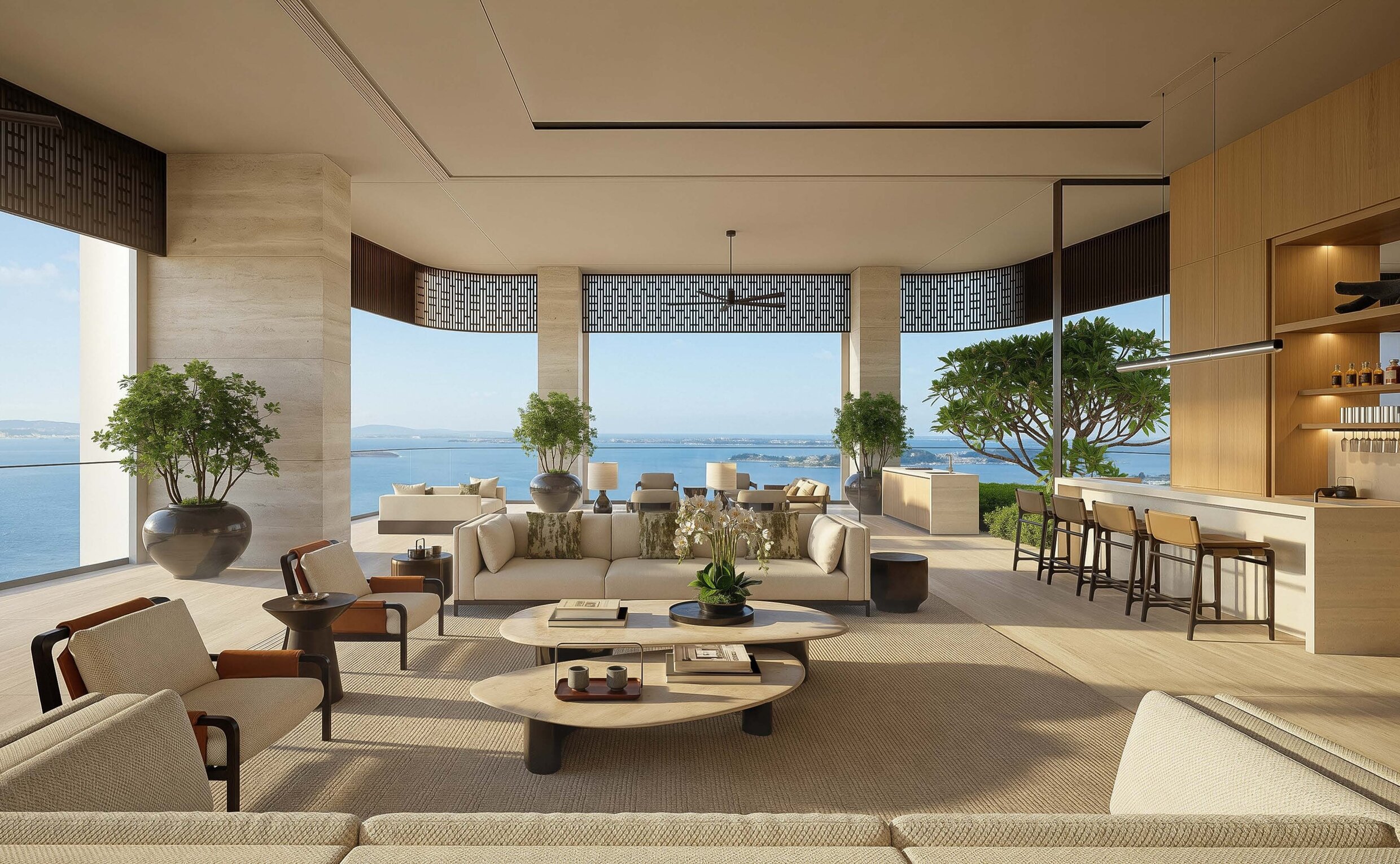Rendering of a Sky Villa living room at Aman Singapore, The Skywaters, courtesy of Aman