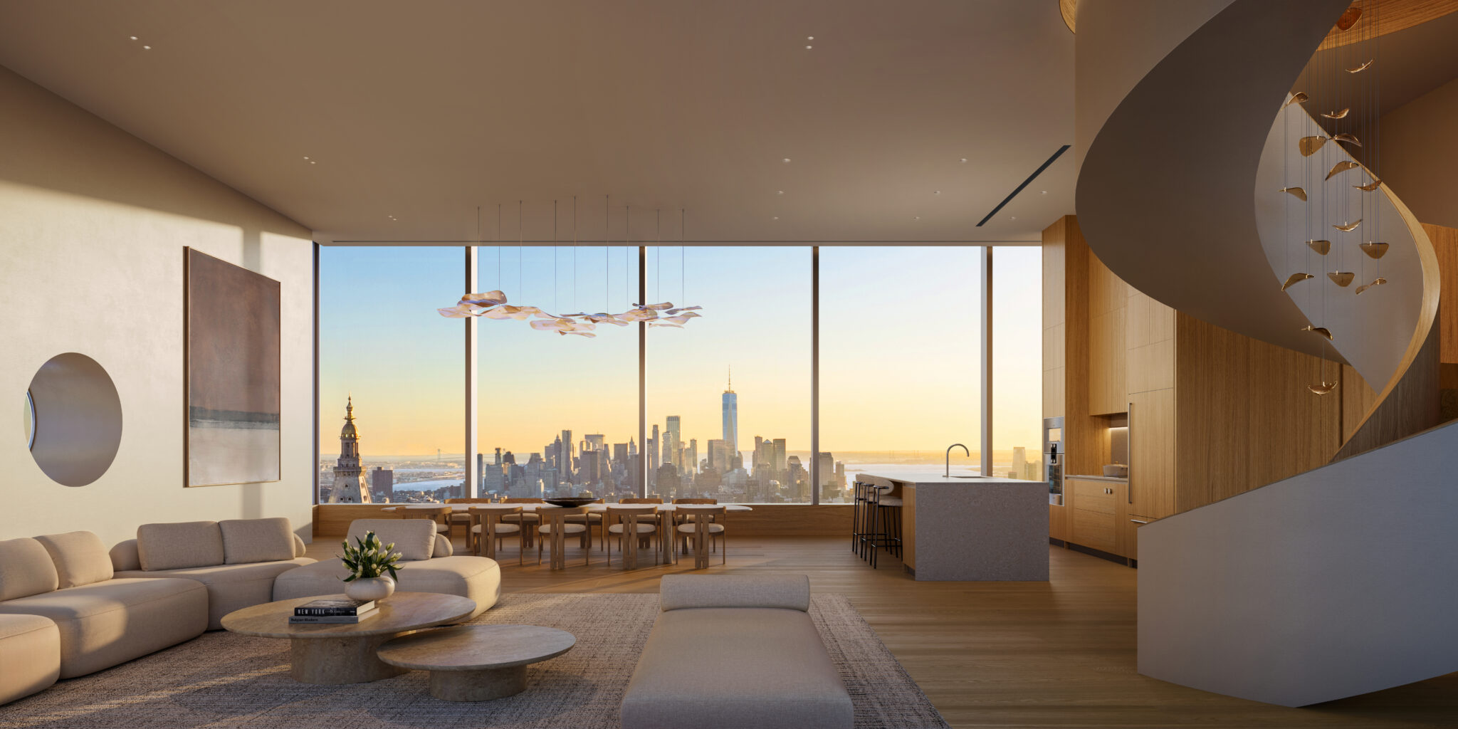 A column-free, full-floor living room with north-south window walls.