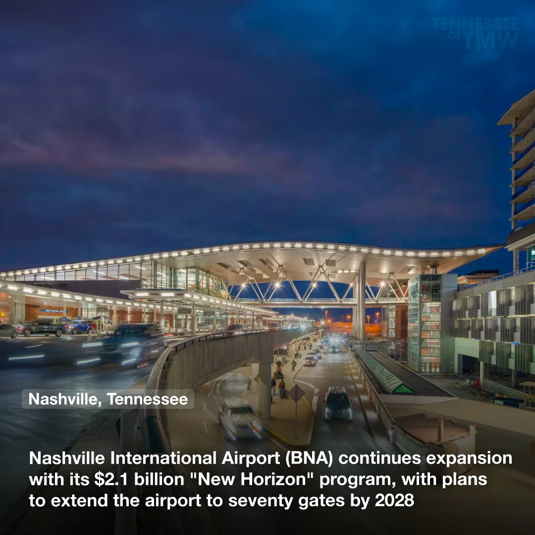 Nashville International Airport (BNA) continues expansion with its $2.1 billion "New Horizon" program, with plans to extend the airport to seventy gates by 2028